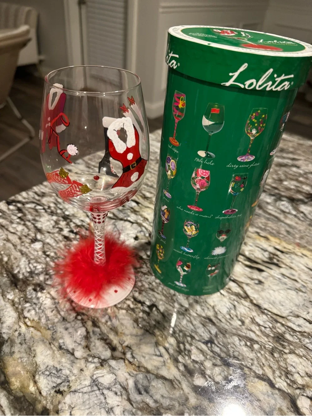 Lolita Red and White Holiday Wine Glass with Feathered Base